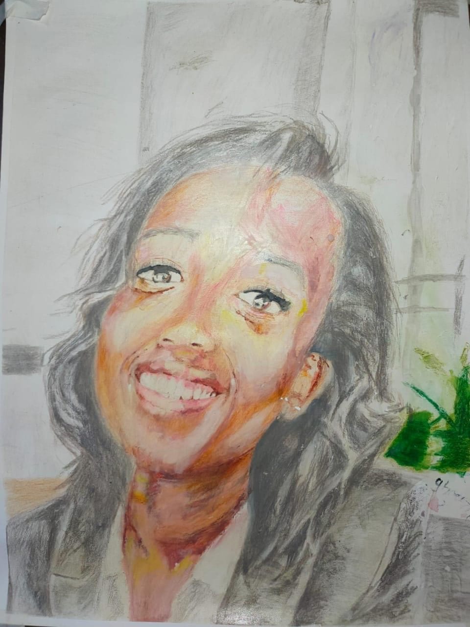 A portrait of Kathleen Mureithi in graphite and colour
